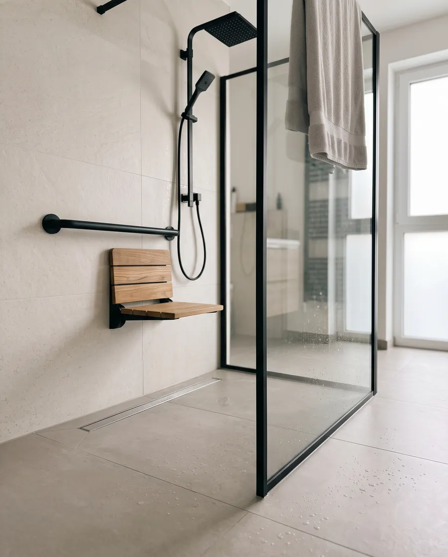 Barrierefreie bodengleiche Dusche mit Haltegriff und klappbarem Duschsitz
